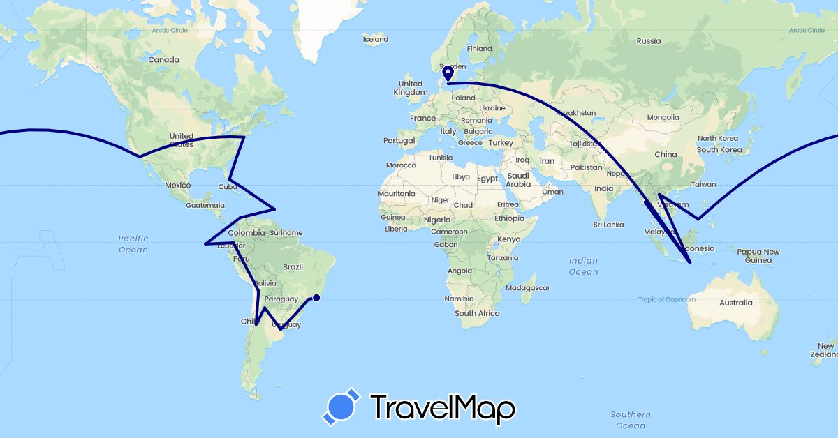 TravelMap itinerary: driving in Argentina, Bolivia, Brazil, Colombia, Denmark, Dominican Republic, Ecuador, Indonesia, Laos, Saint Lucia, Myanmar (Burma), Philippines, United States (Asia, Europe, North America, South America)